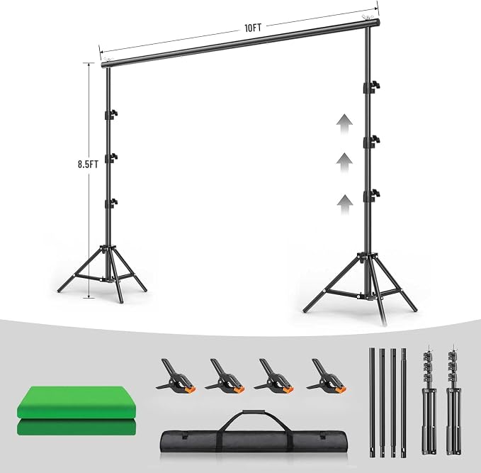 BEIYANG 8.5X10 FT Photo Background Stand &10X12 FT Green Backdrop Screen, Adjustable Background Holder Support System Kit for Photo Studio Shooting Props Parties Decoration with Carry Bag & Clamps