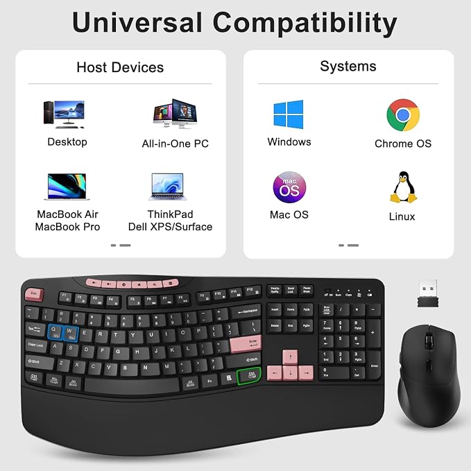 Wireless Keyboard and Mouse Combo, Ergonomic Keyboard with 6 Multimedia Keys, 2.4G Full Size Keyboard with Wrist Rest, 3-Level DPI Wireless Silent Mouse with 6-Buttons, for Windows (Pink)