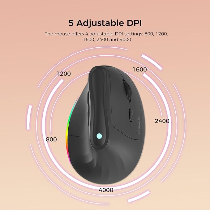 KYSONA 57° Ergonomic Wireless Rechargeable Mouse, Vertical Quiet Ergo Mouse, Bluetooth(BT5.0,BT3.0)&2.4G, (800/1200/2400/2400/4000), 7 Buttons for Windows, macOS, iPadOS, Laptop, PC, Black