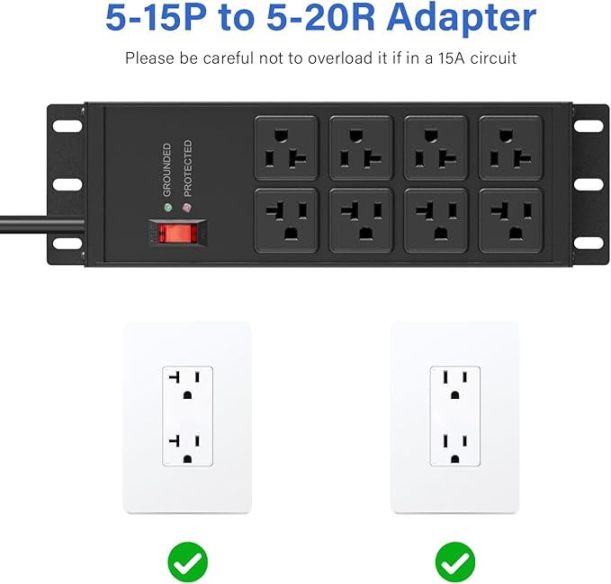 CCCEI Heavy Duty Power Strip Surge Protector 20 AMP Switch, 12 Gauge Extension Cord with Multiple Outlets, Industrial, Shop, Garage High Amp Wall Mount Electric Extender. 12FT, Black.