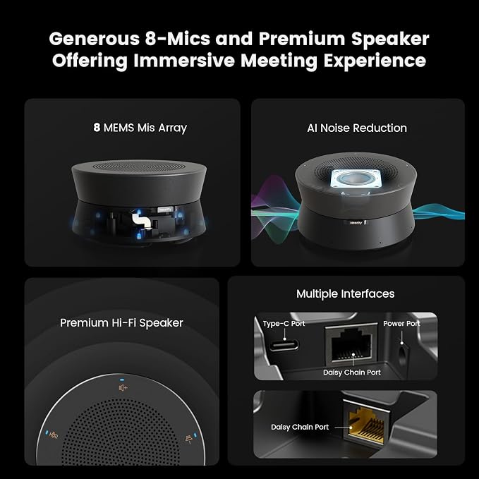 Nearity A20Sx4 Conference Speaker and Microphone, USB Speakerphone w/8 Mics, 16ft Voice Pickup, AI 2.0 Noise Cancelling, USB Speakermic with Daisy Chain, Works with Microsoft/Teams/Google Meet