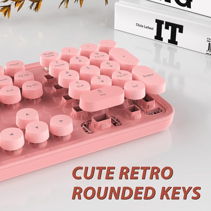 Kootop Wireless Keyboard and Mouse Combo, Cute Colorful 104 Keys Typewriter Retro Round Keycaps Keyboard for PC Laptop,Desktop,Windows, Home and Office Keyboards(Pink White)