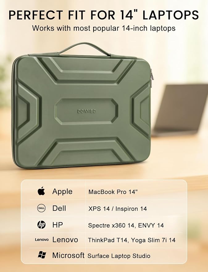 DOMISO 14 inch Laptop Sleeve with Handle, Shockproof & Waterproof EVA Protective Laptop case, Hard Laptop Sleeve for 14" HP Dell Asus Lenovo Laptop, Green