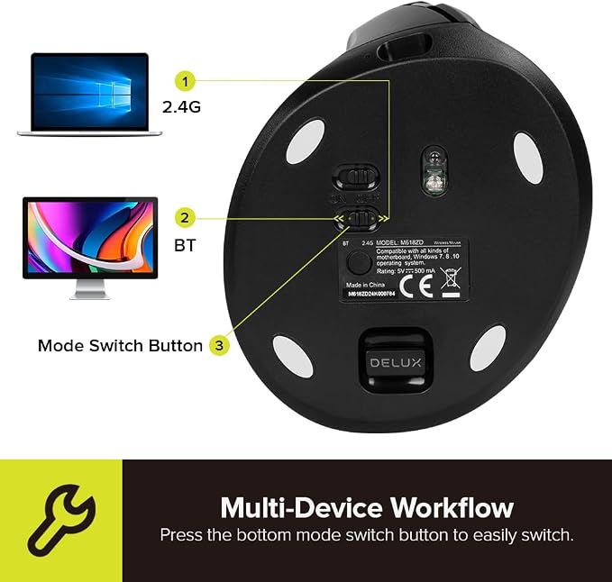 DELUX Left Handed Ergonomic Mouse, Mini Wireless Vertical Mouse, Silent Click Ergonomic Mouse, Up to 4000 DPI, 6 Buttons, Rechargeable, Bluetooth/2.4G/ Wired, Tri-Mode for Laptop/PC (M618ZD-Black)