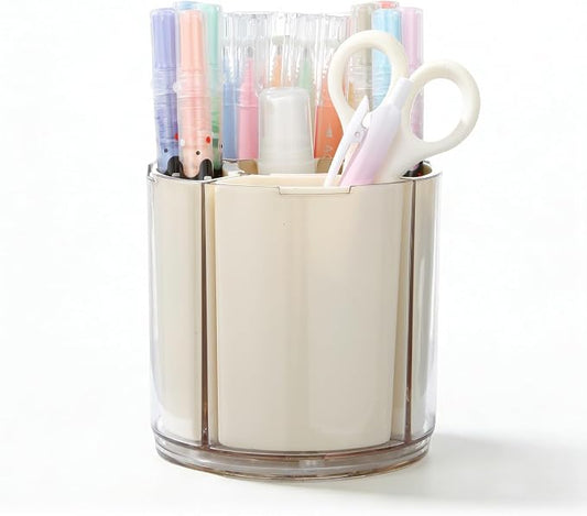 Comix 360° Rotating Pen Holder for Desk, Cute Pencil Holder Pen Organizer, Beige Acrylic Pencil Cup Caddy with 5 Slots for Home School Office Supplies