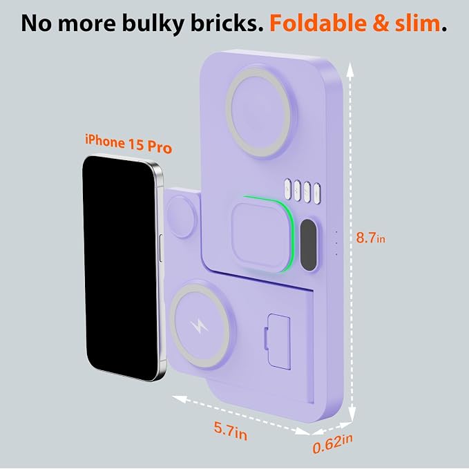 Dual Phone Magnetic Wireless Charging Station for Apple Devices/Apple Ecosystem, 7-Color Auto Light & 12H Clock, Multi-Device Charger for iPhone 17/16/15, for iWatch 11/10/9 & AirPods Pro3(Purple