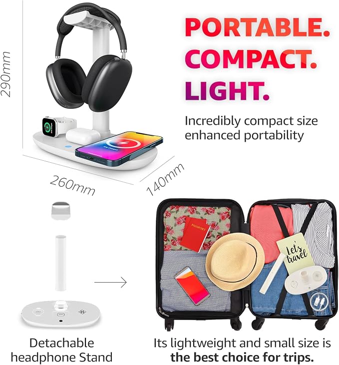 4 in 1 Wireless Charger with Headphone Stand for iPhone 17 16 15 14 13 12 Pro Max, Apple Watch 11 10 Ultra SE, AirPods Max 4 & Samsung S25-15W Gaming Desk Organizer (Adapter Not Included)(White)
