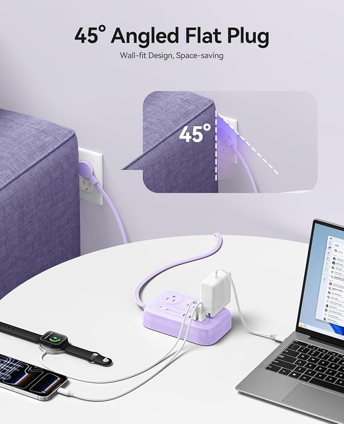 ORICO Surge Protector Power Strip, PD20W Multiple Outlets Extension Cord with 6 AC Outlets and 4 USB Charging Ports (2 USB-C), 45° Flat Plug, 10 Ft Mountable Outlet Extender for Home/Office/Dorm - OG