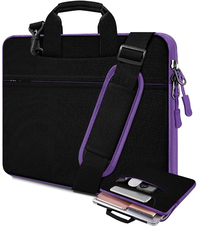 Laptop Case 15.6 inch Shoulder Bag, Durable Shockproof Protective Computer Carrying Briefcase with Multi-Pockets and Strap Compatible with Most 15.6 inch Notebooks,Black-Purple