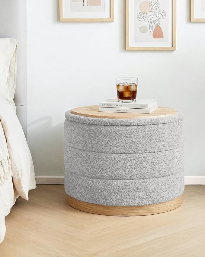 B FSOBEIIALEO Round Storage Ottoman with Tray, Folding Ottoman with Storage Coffee Table Foot Rest for Dorm Room Living Room Chenille Fabric,Sliver Grey,22.83"x22.83"x17.34"