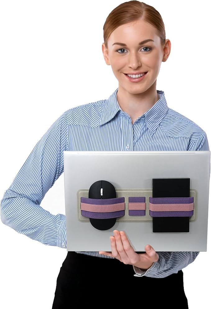 AMOZIFY® Space-Efficient Anti-Slip Organizer, Mouse Holder for Laptop Stick On, 3-Slot Band Laptop Pocket Adhesive | Hard Drive Holder (Purple-Pink)