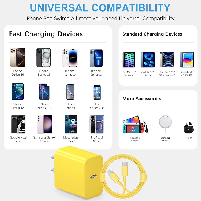 iPhone 17 16 15 Fast Charging 10FT Long USB C Charger Type C Charger 3 Pack Fast Charger USB C for iPhone 17/17 Plus/17 Pro/17 Pro Max/16/16 Plus/16 Pro/16 Pro Max/15 Pro Max,iPad Pro,Samsung(Yellow)