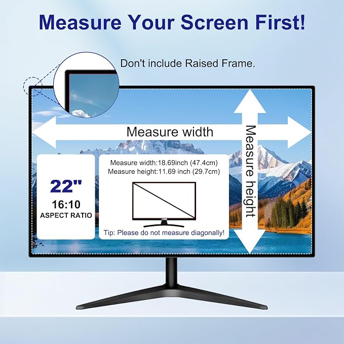 22 Inch Privacy Screen for Computer Monitor 16:10 Aspect Ratio, Eye Protection Anti Blue Light Glare Shield, 22 Inch Removable Black Blackout Anti Spy Desktop Security Private Filter