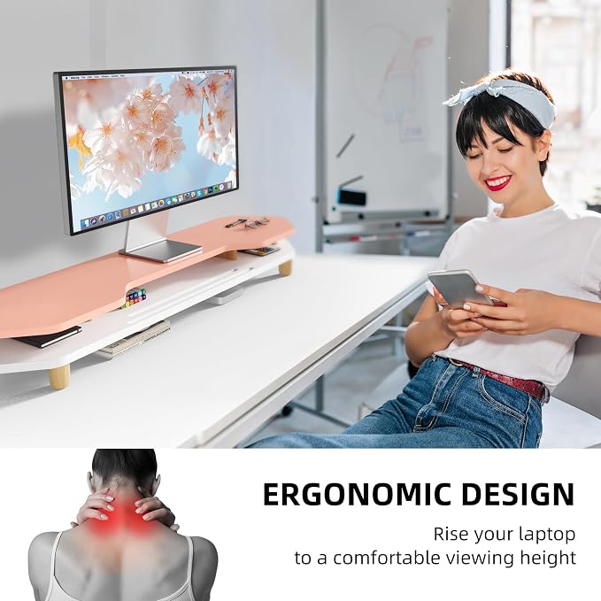 AFOOYO 2 Tier Dual Monitor Stand Riser,Wider Board Computer Monitor Stand for 2 Monitors,Slot For Phone/Tablet Office Desktop Organizer for Laptop,PC,Computer,Printer,Pink