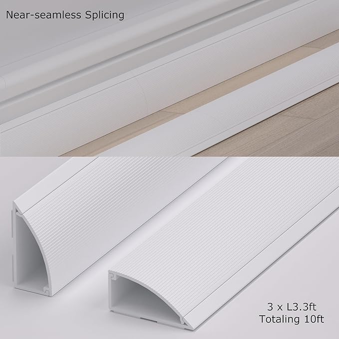 ZhiYo 10ft Floor Cord Cover for Corner, Large Cord Hider for 3-5 Cords, Self-adhesives PVC Wire Cover for Baseboard/Floor/Wall Cable Management, White Cable Raceway, 0.8in x 1.8in, 3 x L3.3ft