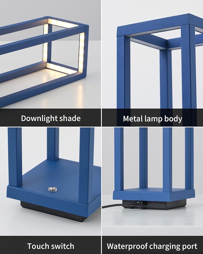 PUSU Cordless Waterproof Table Lamps Set of 2, Blue Outdoor Rechargeable 4000mAh Battery Operated Desk Lamp 2700K 3-Level Dimmable, Portable LED Lighting for Patio, Camping, Bedroom, Night Light