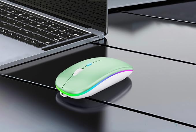 WREANU Wireless Bluetooth Mouse Rechargeable Laptop Mice with LED Lights Silent Slim Use(BT5.2 and 2.4G Portable USB Receiver)Dual Mode Computer Mouse for Laptop/iPad/Tablet/Apple/Computer/Mac(Green)