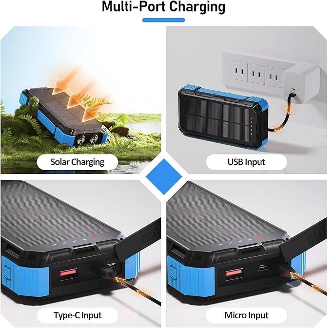 Solar Charger Power Bank 49800mAh, 22.5W PD Fast Charging Portable Phone Charger Built-in 4 Cables with USB C, Wireless Charger for Phone, Dual Flashlights, Solar Battery Charger for Outdoor Camping