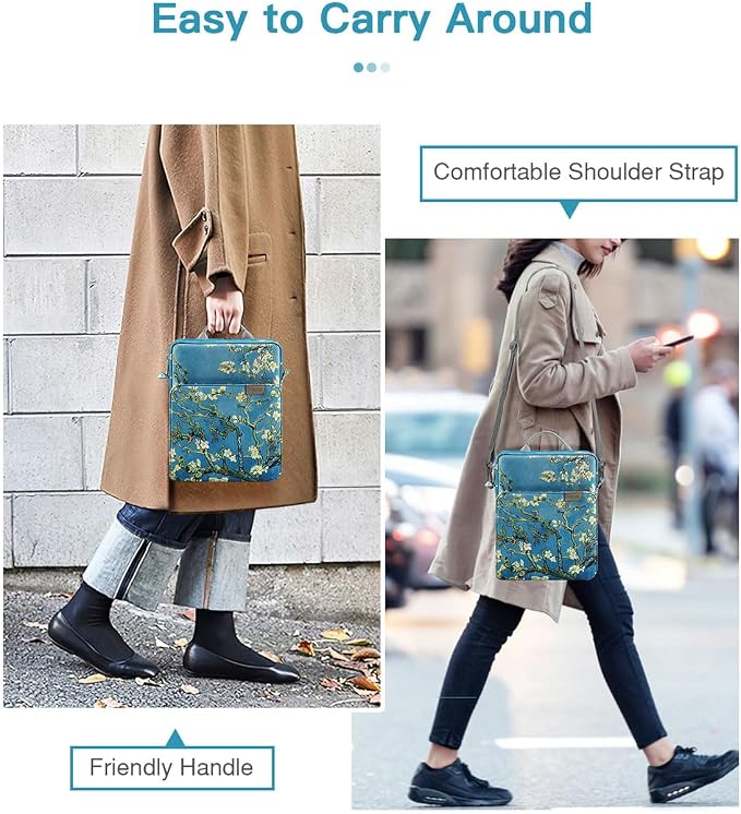 MoKo 9-11 Inch Tablet Sleeve Bag Handle Carrying Case with Shoulder Strap for iPad Pro, Air, 10th, 9/8/7, Air 5/4, Tab S8/S9, Apricot Flower