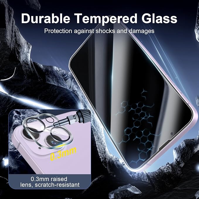 NEW'C 3x Privacy for iPhone 14 Screen Protector (6.1 inches)+ 3x Camera Lens Protector, Sensor Protection, Case Friendly Tempered Glass Film +Dust Plug - Enhanced Privacy Angle of 28 Degrees