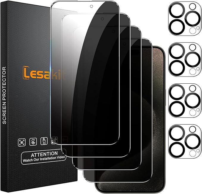 Lesakit 4+4 Pack Privacy Screen Protector for iPhone 15 Pro Max 6.7-Inch with 4 Pack Camera Lens Protector, Anti Spy Tempered Glass Film 9H Hardness Case Friendly