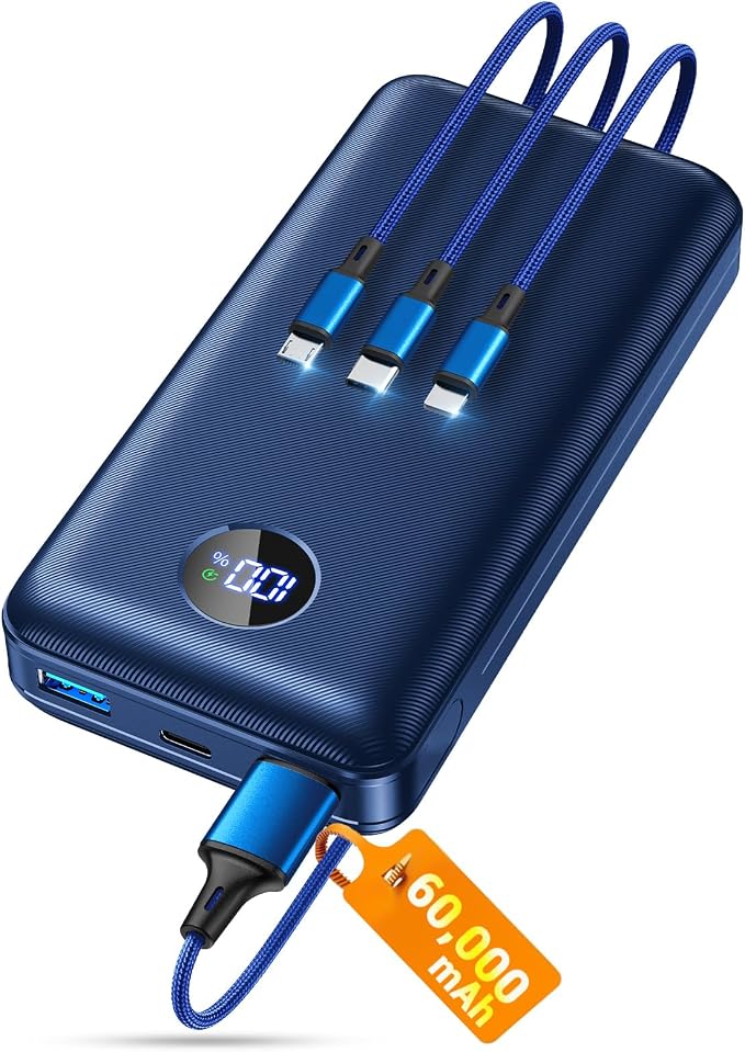 Portable Charger Power Bank, 60000mAh Battery Pack with 3 in 1 USB-C/iOS/Micro-USB Cable, 22.5W Fast Charging Portable Phone Charger, Travel Camping Essential Powerbank for iPhone 17/16 Samsung, Navy