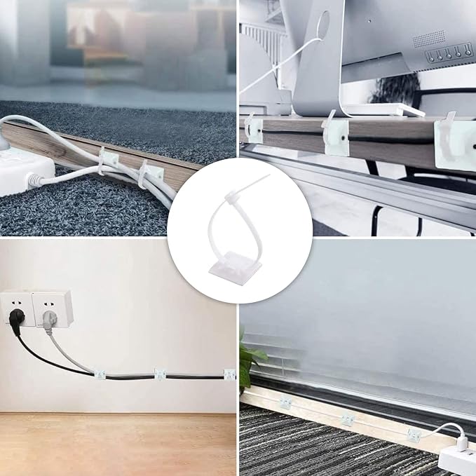 Strong Back-Glue Self Adhesive Cable Zip Tie Mounts Kit - 50 Set Cable Management Clips with 6" Zip Ties, Wire Holders - Outdoor Sticky Wire Organizer Clips-White