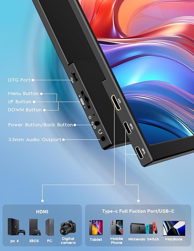 4K Portable Monitor, 13.4" 3840 * 2400 IPS Portable Monitor for Laptop, Slim Lightweight HDR Travel Screen USB-C HDMI w/Smart Cover for Laptop PS5/4 Xbox