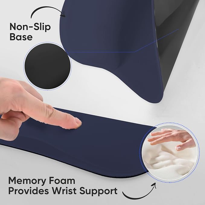 RICHEN Wrist Rest Support for Mouse Pad&Keyboard Set with Coaster,Concave Curved Memory Foam, Non-Slip Base Pain Relief Comfortable Easy Typing Pad for Home/Office (Navy Blue)