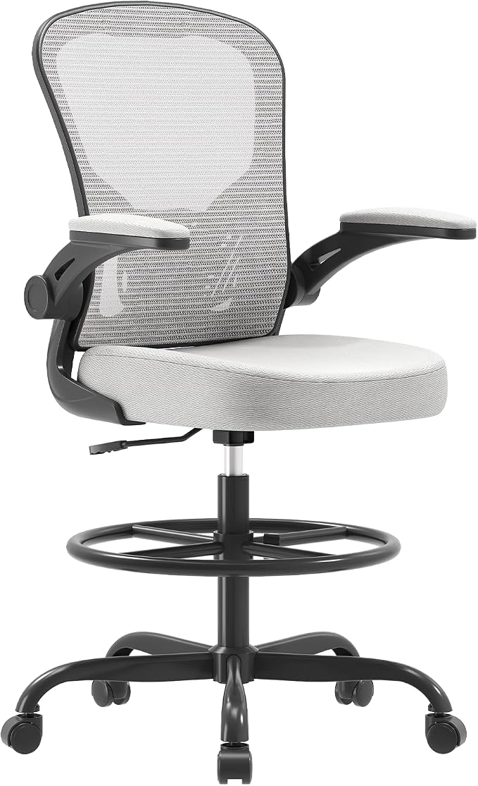 Ergonomic Drafting Chair, Tall Office Chair with Flip-up Armrests, Breathable Mesh High Desk Chair with Lumbar Support Adjustable Footrest Ring for Standing Desk Gray
