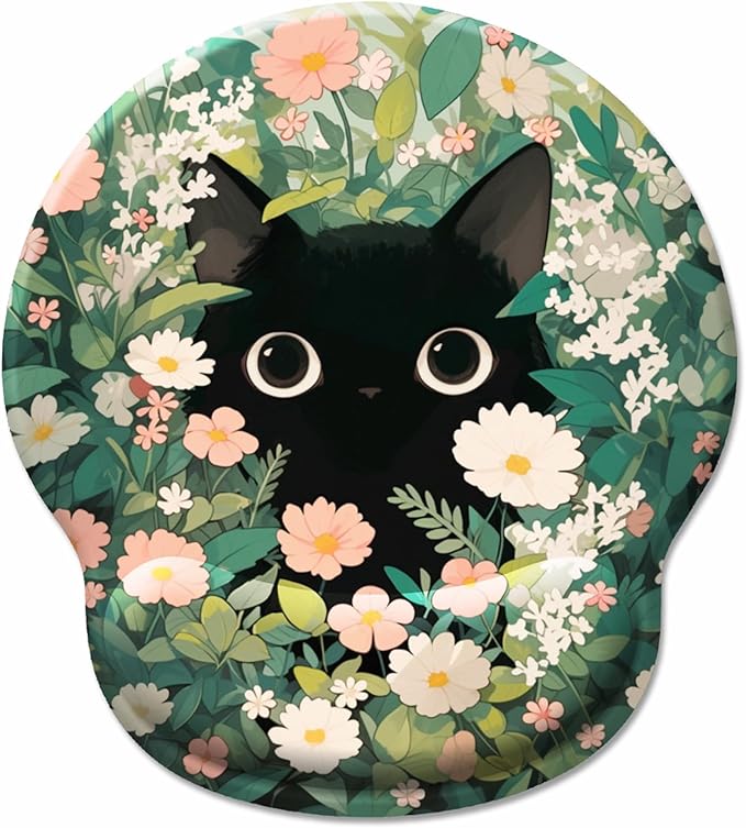 Hancynir Ergonomic Mouse Pad Wrist Support, Flower Cat Gel Mouse Pads with Wrist Rest, Cute Funny Computer Mousepad for Desk Laptop, Comfortable Mouse Pad for Work Accessories Office Supplies Decor