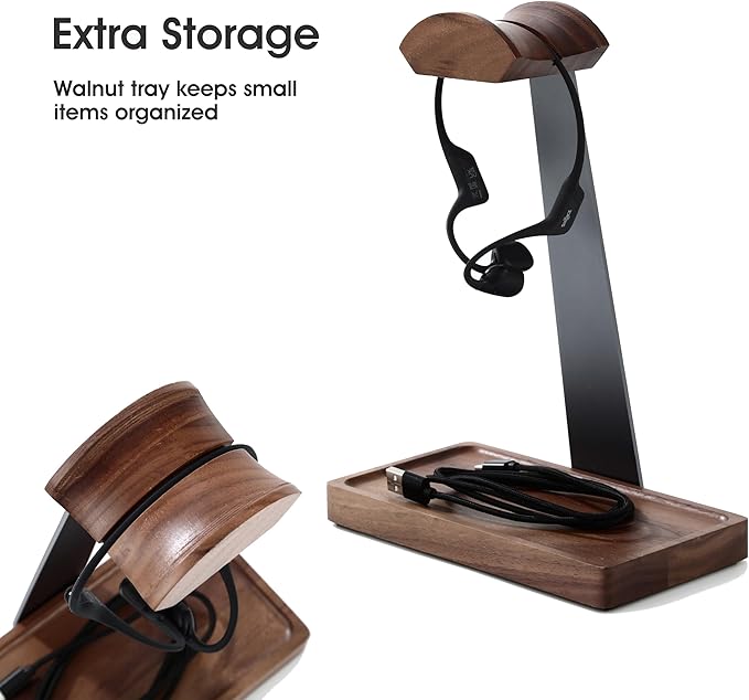 Walnut Headphone Stand, Wood Headset Stand for Desk, Gaming Headphone Holder with Storage Base Compatible with Airpod max, Bose, Razer, Sennheiser, Jabra, JBL, AKG, Grey, Vintage Gift for Men