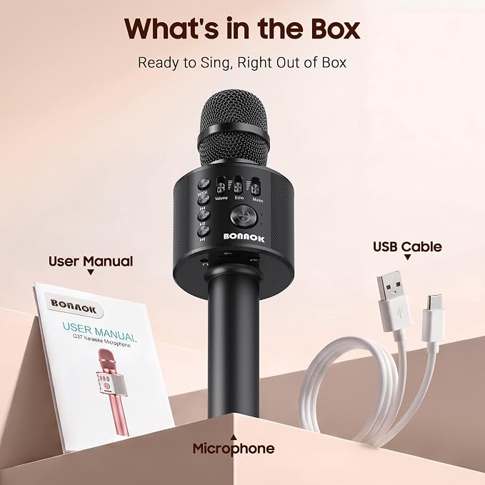 BONAOK Wireless Bluetooth Karaoke Microphone,3-in-1 Portable Handheld Karaoke Mic Speaker Machine Home Party Birthday for All Smartphones Q37 (Black)