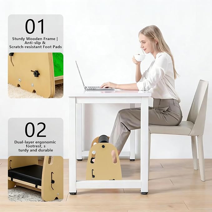 Adjustable Wooden Under Desk Foot Rest｜15.75” Height｜Detachable｜Interchangeable Leather & Massage Pads｜for Office/Home/Gaming/Study Desk Essentials - Green