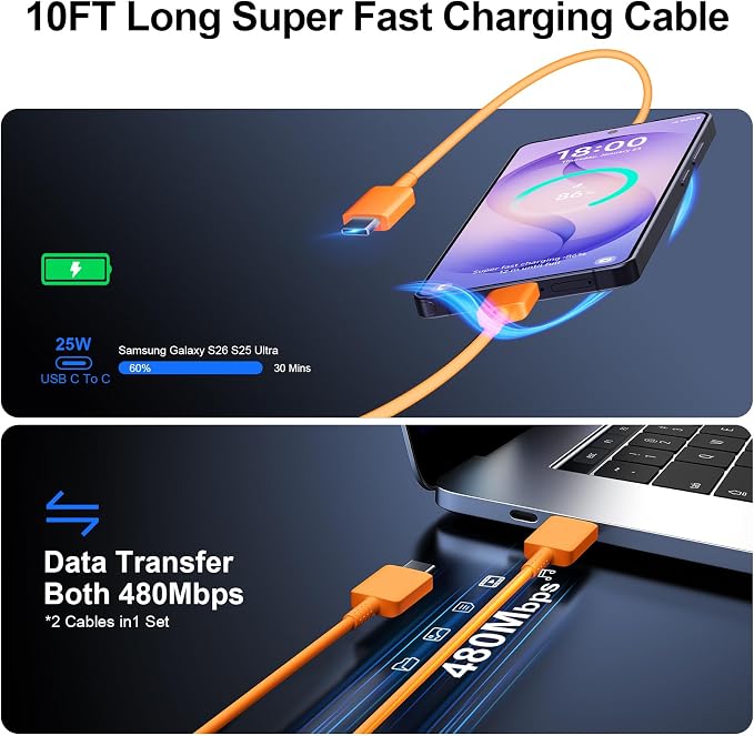 Super Fast Charger Type C, 25W USB C Wall Charger Fast Charging for Samsung Galaxy S26 Ultra/S26/S26+/S25 Ultra/S25/24 Ultra/S24/S23 Ultra/S22 Ultra with 10FT Long Android Type C Charger Cable 2Pack