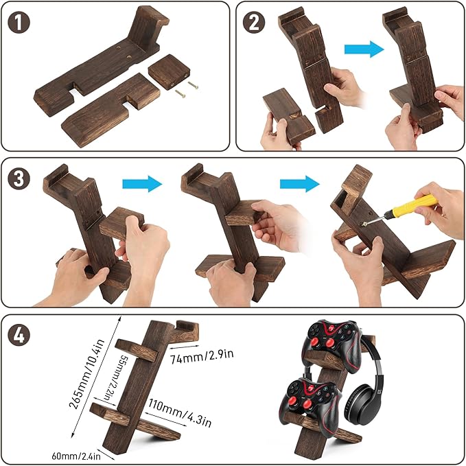 Wooden Game Controller Holder Headset Stand 2-Tier Universal Controller Gaming PC Accessories Storage Rack Headphone Stand for Xbox Series PS5 PS4