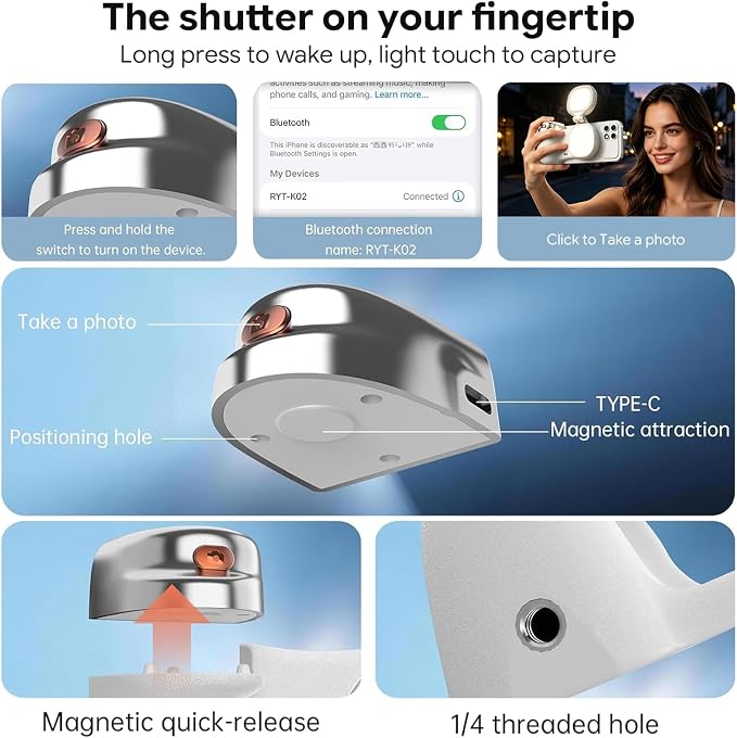 Magnetic Phone Camera Grip with Selfie Light for Content Creators, Wireless Shutter, Stable Video&Better Lighting, Portable Grip for TikTok, Vlog, Selfies, Travel & Video Calls, iPhone&Android (White)