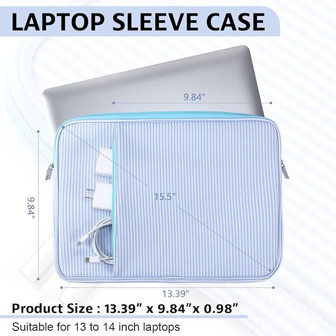 Huhumy Laptop Sleeve Case 13-13.3 inch for Women, Cute Seersucker Laptop Sleeve with Pocket Thin Computer Carrying Bag for Office Business Trip Compatible with Various Laptops Models(Blue)