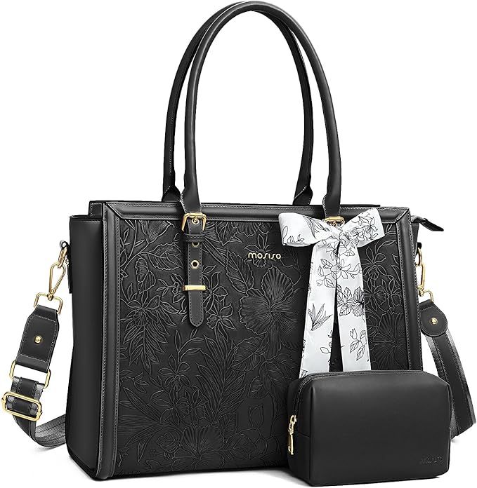 MOSISO Laptop Bag for Women, 15.6-16 inch PU Leather Tote Bag Compatible with MacBook, HP, Dell, Asus Notebook, Front Embossed Retro Hibiscus Computer Bags with Silk Scarf&Clutch Purse, Black