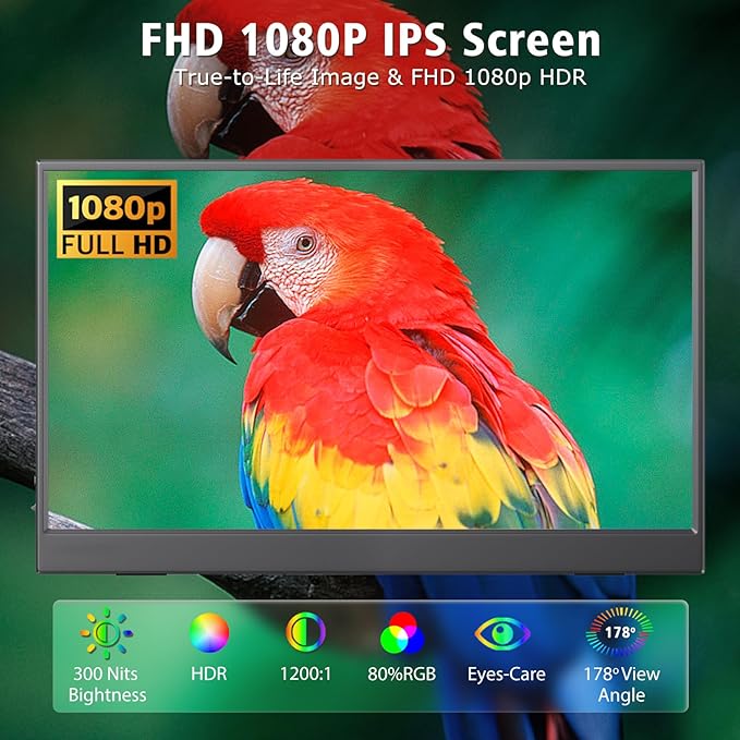 15.6 Inch Portable Monitor 1080P FHD IPS Gaming Display Monitor with USB-C & HDMI Light Weight Ultra-Slim External Second Screen with Smart Cover & Speakers for Laptop，PC, Mac, Phone, PS5, Switch