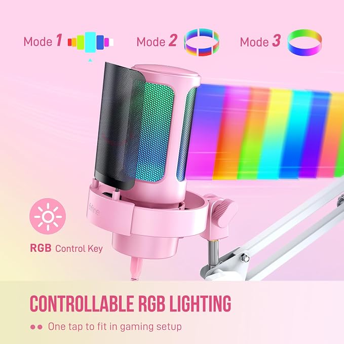 FIFINE USB Streaming Microphone with Boom Arm, Gaming Mic Kit for PC PS4/PS5, Podcast Microphone for Podcast with RGB Control, Mute Button, Gain Knob, Headphones Jack, Pop Filter-A8T Pink