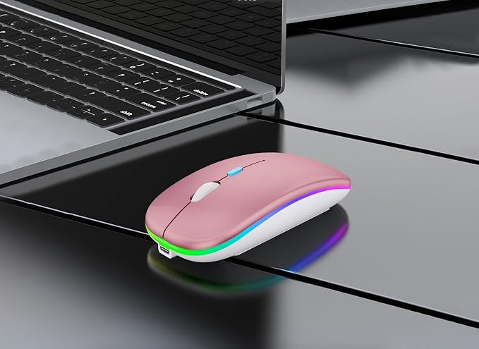 WREANU Wireless Bluetooth Mouse Rechargeable Laptop Mice with LED Lights Silent Slim Use(BT5.2 & 2.4G Portable USB) Dual Mode Computer Mouse for Laptop/iPad/Tablet/Apple/Computer/Mac(Rose Gold)