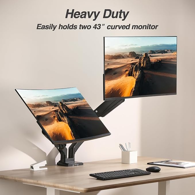 AVLT Dual Monitor Arm Desk Mount for 13"–43" Flat/Curved Screens with USB-A Pass-Through, Full Motion Height Adjustable Swivel Tilt Rotation VESA/C-Clamp/Grommet/Cable Management, Black