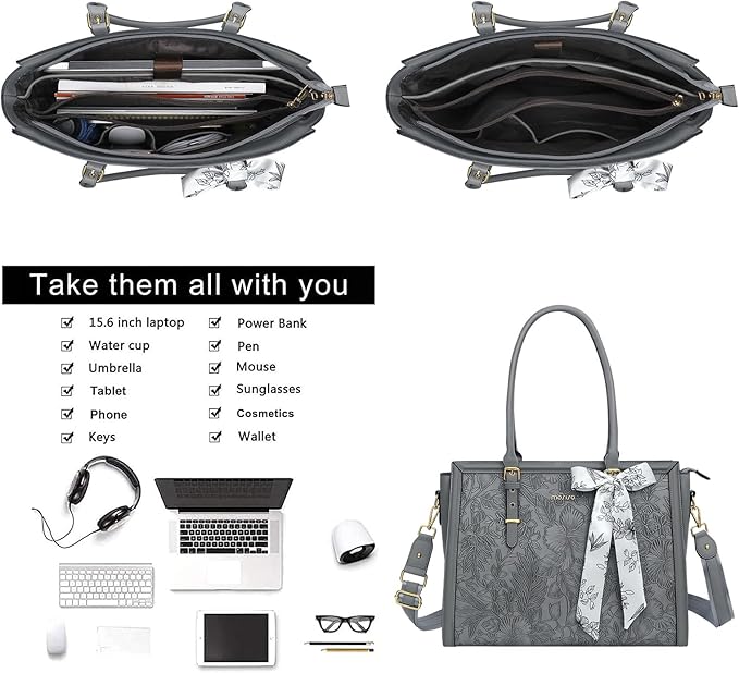 MOSISO Laptop Bag for Women, 17-17.3 inch PU Leather Tote Bag Compatible with MacBook, HP, Dell, Asus Notebook, Front Embossed Retro Hibiscus Computer Bags with Silk Scarf&Clutch Purse, Gray