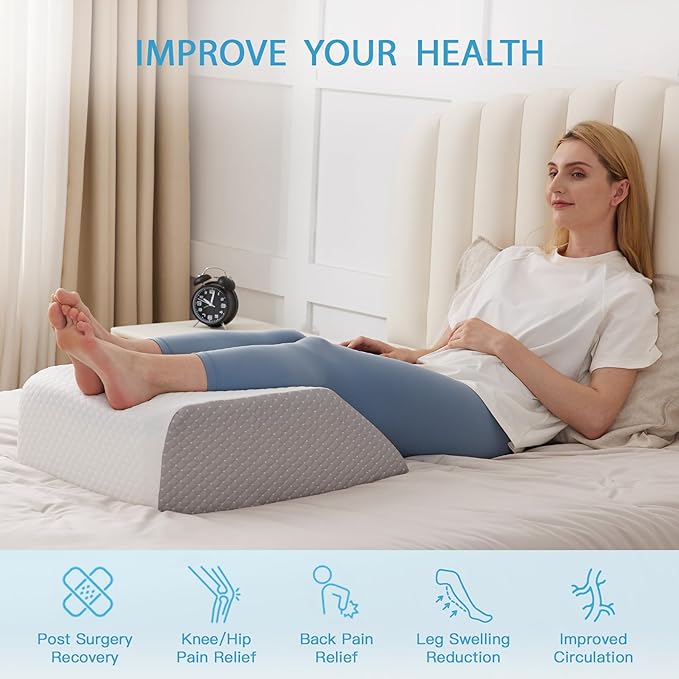 MEGCXIT Leg Pillow Elevation Blood Circulation, Leg Wedge for Elevation for Swelling, Leg Elevating Pillow for After Surgery, Memory Foam Foot Knee Pillow for Back Sleeping 24×19×8 Inch White/Grey
