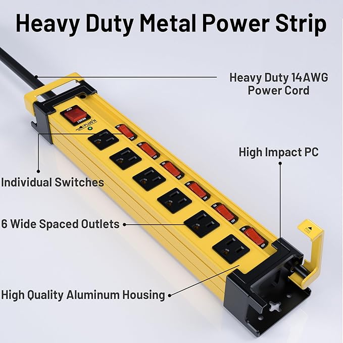 Power Strip Surge Protector 2700J with Individual Switches and Flat Plug, 12FT Heavy Duty Cord 6 Wide Spaced Outlet Mountable Metal Power Strips with Cord Manager and Hanger