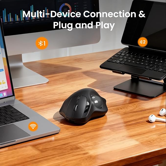 SABLUTE MAM2 Wireless Trackball Mouse with 5-Level DPI, Ergonomic Mouse 2.4G Plug-and-Play for 3 Devices (Bluetooth or USB Receiver), 500mAh Battery, Compatible with PC/Laptop/Mac/Windows-Grey Ball
