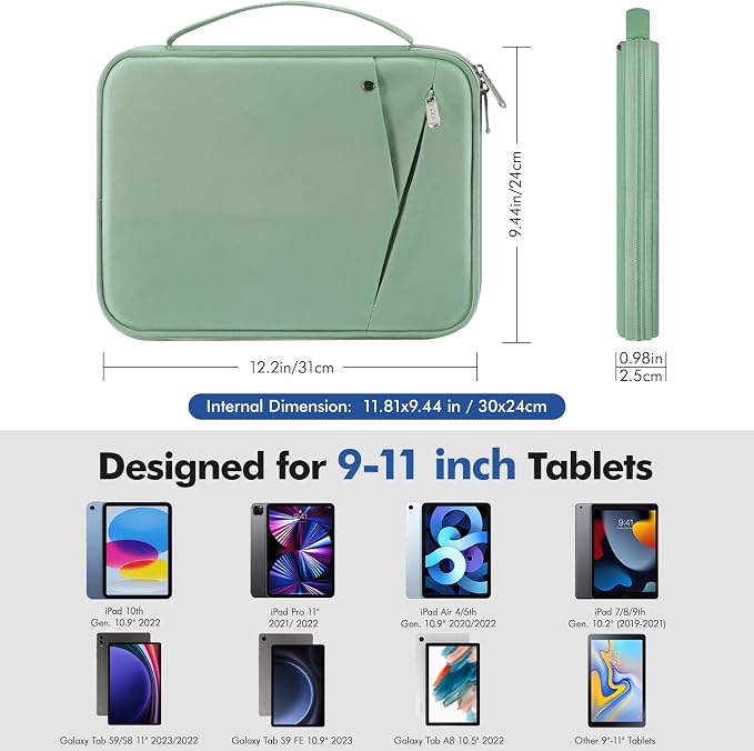 MoKo 9-11 Inch Tablet Sleeve Carrying Case with Handle, Padded Protective Travel Bag for New 11-inch iPad Air 4 2026/Pro M5/ A16, iPad 10th/Air 5/4th 10.9, i-Pad 9/8th 10.2,Tab S9/S8 11,Bodhi Green