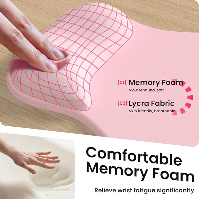 AKIT Ergonomic Mouse Pad and Keyboard Wrist Rest, 3-in-1 Memory Foam Wrist Rest for Computer Keyboard, Non-Slip Base, Pain Relief, Gel Mousepad Set for Gaming, Home and Office, Pink