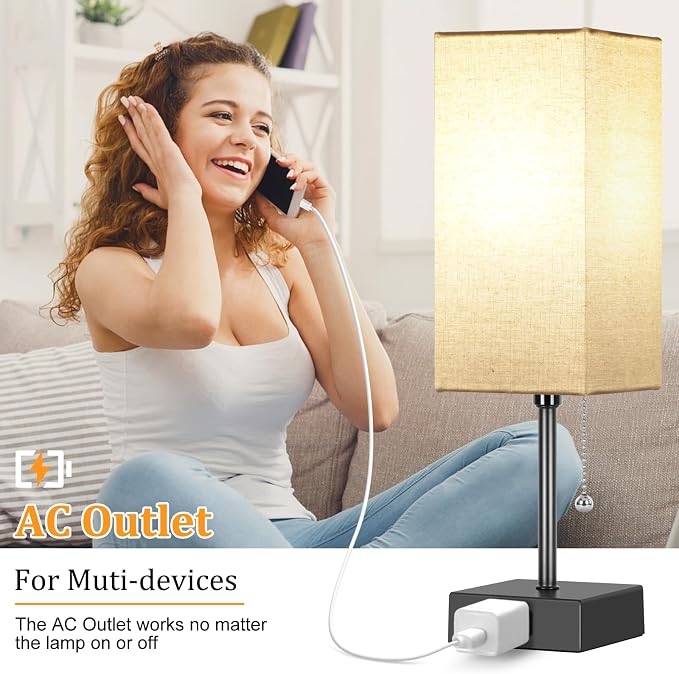 15'' Table Lamp for Bedroom set of 2,3-Color Bedside Lamps with Pull Chain Table Lamps for Night stands with AC Outlet,Small Night Light Lamps with 2 Bulbs Lamps for Living Room Kids Room Office Decor